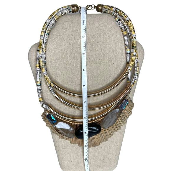 Vintage Multi Strand Gold Fringe and Beaded Statement Necklace - Picture 4 of 9